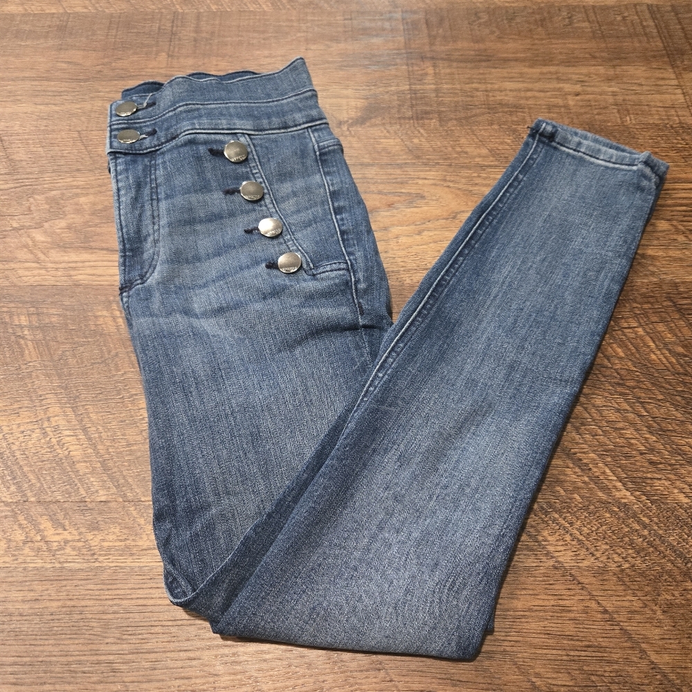 Express Super High Rise Jeans Ankle Legging Silver Sailor Buttons Preppy Denim 2